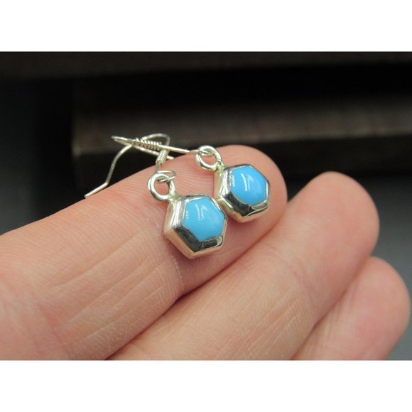 Sterling Silver Hexagon Blue Enamel Small Earrings - Picture 2 of 5